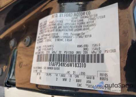 2006 Ford Focus Zx4 from USA, damaged, VIN 1FAFP34N56W183310